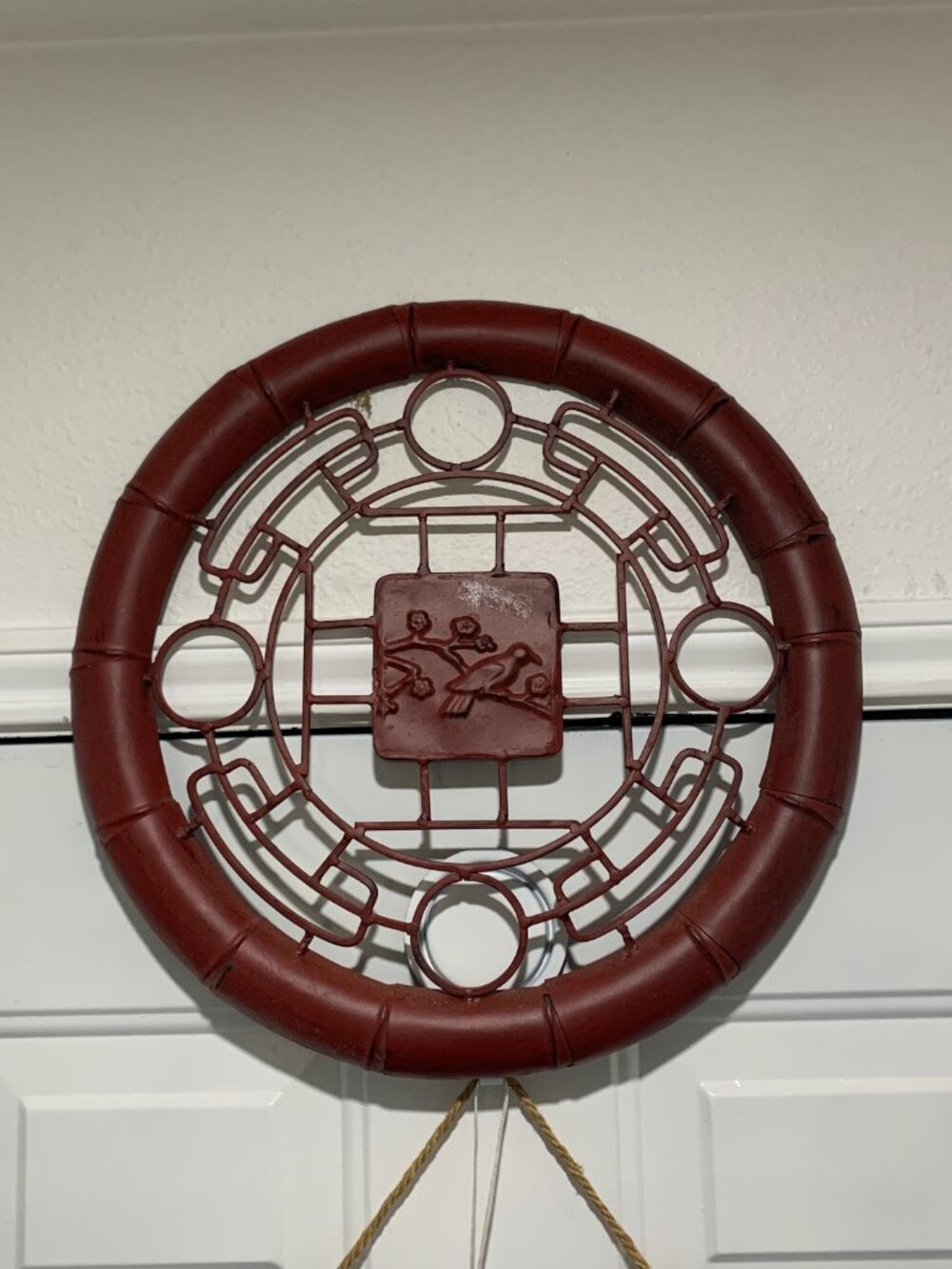 Red Metal Round Wall Decor Bird Medallion Faux Bamboo Asian Chinese Gate Plaque